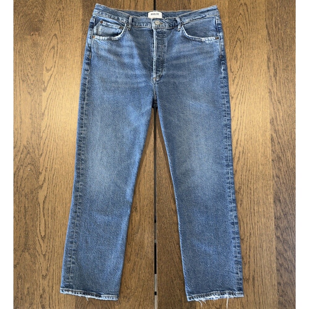 Agolde Riley Crop Button Fly Denim Jeans Womens Sz 32 Blue Distressed High Rise